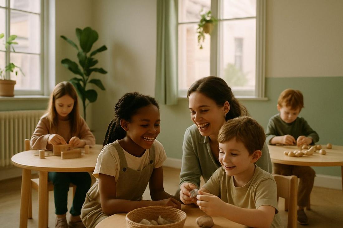 Children learning together in a bright micro-school classroom