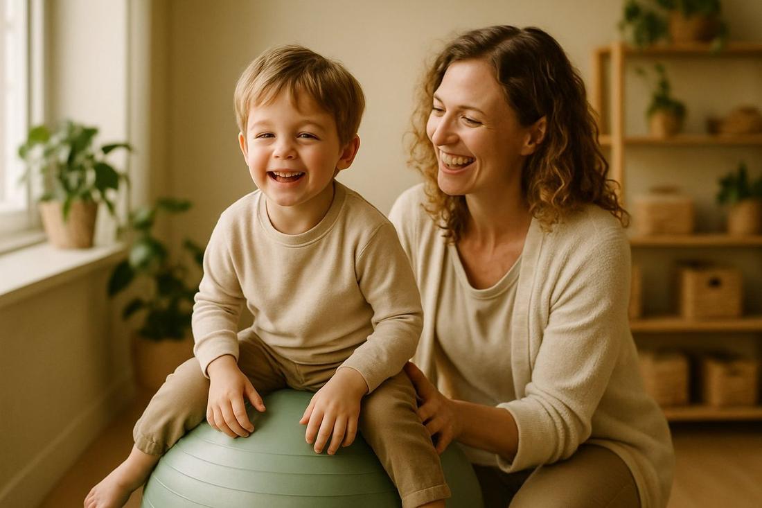 A therapist helping a child balance on an exercise ball